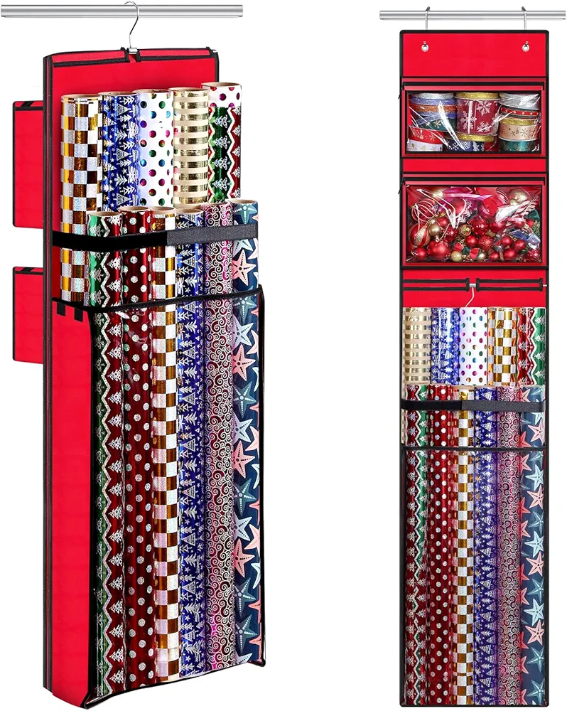 Wrapping Paper Organizer Storage, Double-Sided Hanging Gift Wrap Roll Holder for Christmas, 63"x13" Over Door Present Bag Container for Room Closet, Red Wrapper Station for Birthday