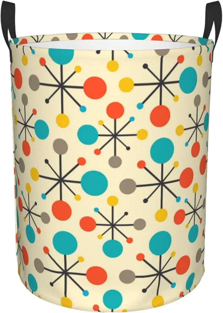 Mid Century 50s Atomic Dots Laundry Basket Waterproof Foldable Laundry Hamper with Durable Handle Circular Storage Basket Dirty Clothes Bag for Bedroom Bathroom Living Room