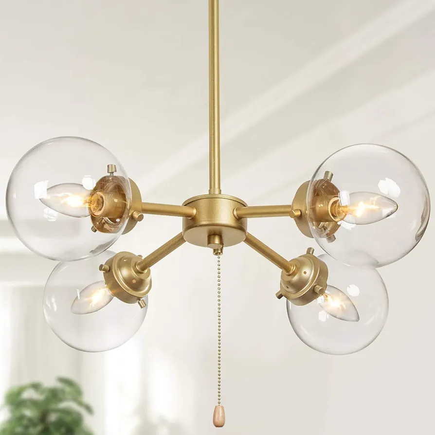 KSANA Gold Globe Chandelier with On/Off Switch Pull Chain, 4-Light Modern Gold Semi Flush Mount Ceiling Light with Clear Globe Glass Shades for Dining Room & Kitchen, Soft Gold, 19.5’’ Dia