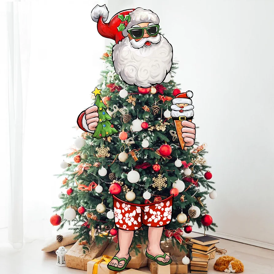 Santa Claus Beach Christmas Tree Topper Head Arms and Legs, Xmas Tree Ice Cream Tropical Coastal July Decorative Tree Ornament Decor, Summer Holiday Indoor Home Decoration Hawaii Party Supplies