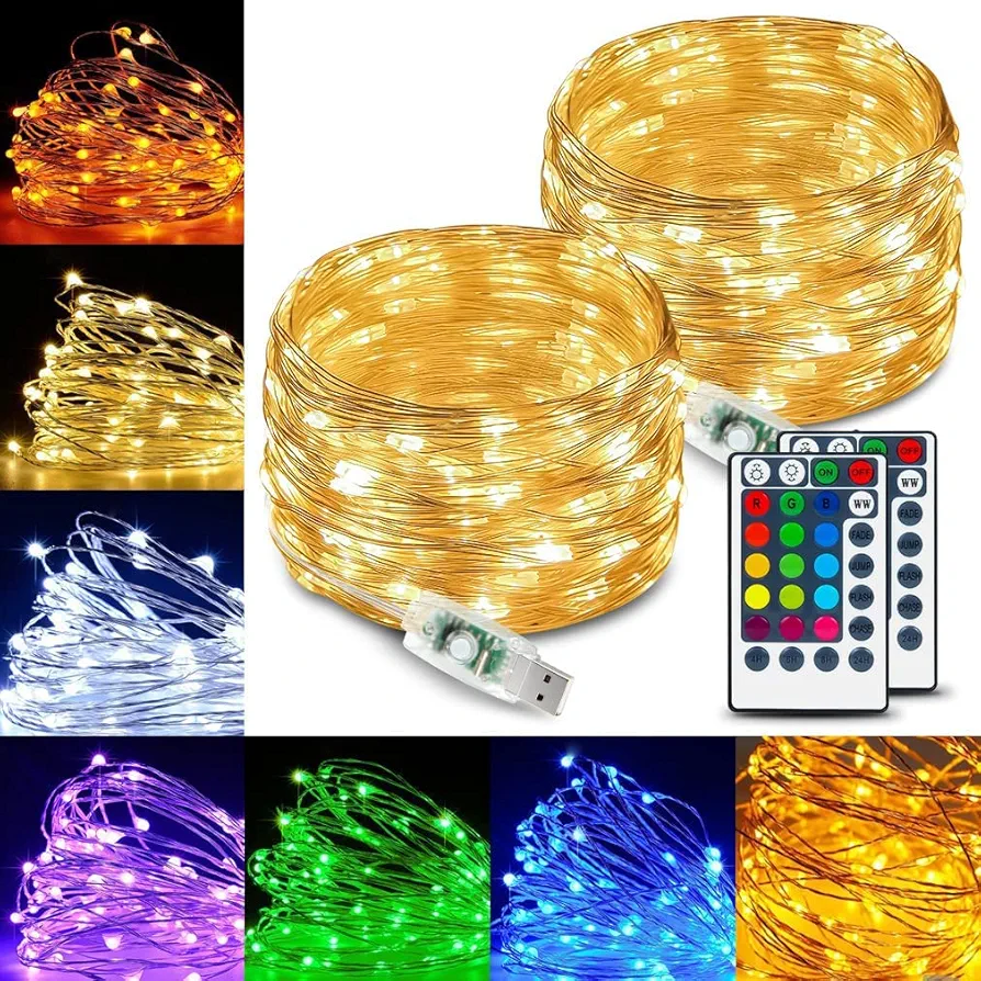 2Pack Fairy Lights Plug in, Each Pack 39Ft 120 LEDs USB Powered Fairy String Lights with Remote and Timer, Warm White & RGB Color Changing Twinkle Lights for Bedroom, Party, Indoor Christmas Decor