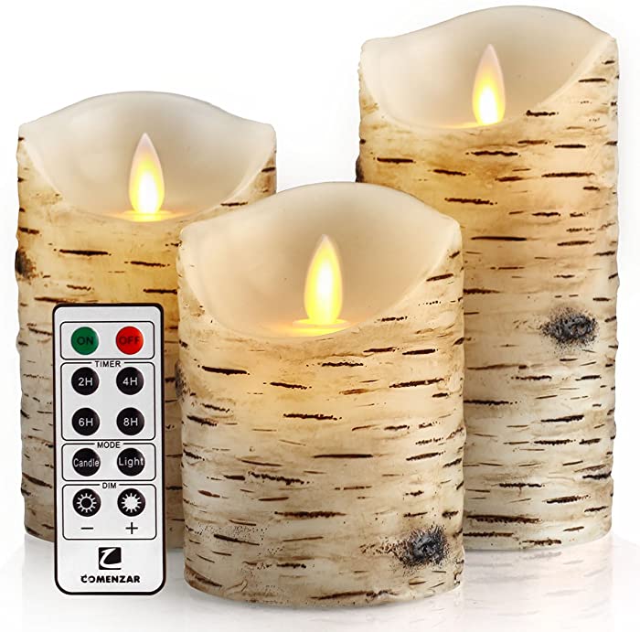 Comenzar Flickering Candles, Candles Birch Set of 3 (H: 4" 5" 6" x D: 3.25")Birch Bark Battery Candles Real Wax Pillar with Remote Timer