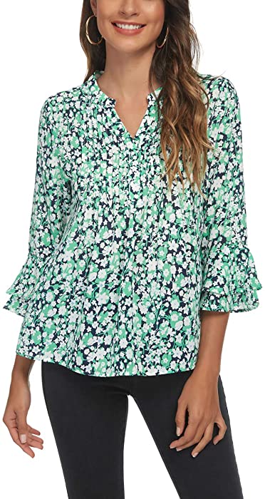 OLRAIN Womens Summer Floral Printed V-neck Swing Tunic 3/4 Bat Wing Short Sleeve Chiffon Tops Blouse Shirts