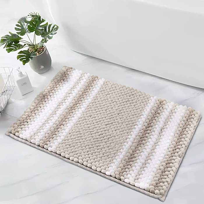 WELTRXE Chenille Striped Bath Rug, 24 x 17, Non-Slip Beige and White Bathroom Rug Mat, Extra Soft and Absorbent Shaggy Shower Carpet Rugs, Washable Plush Bath Mats for Tub, Shower, Bath Room, Kitchen