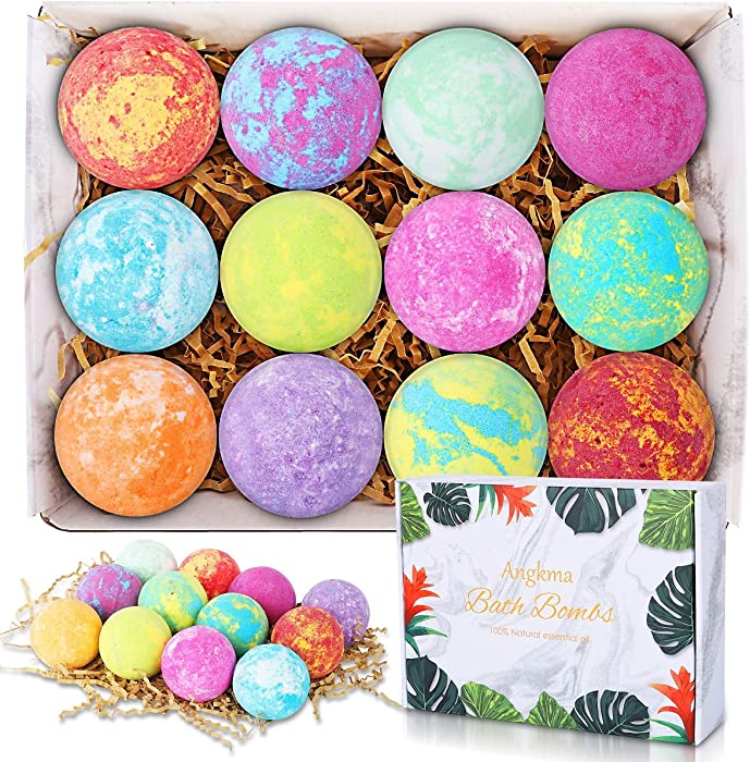 ANGKMA Bath Bomb Hand-Made 12-Piece Bubble Bath Bomb Gift Set, Rich in Essential Oils, shea Butter, Grape Seed Oil, moisturizing Dry Skin. Best Birthday Gift for Women, Girls and Kids