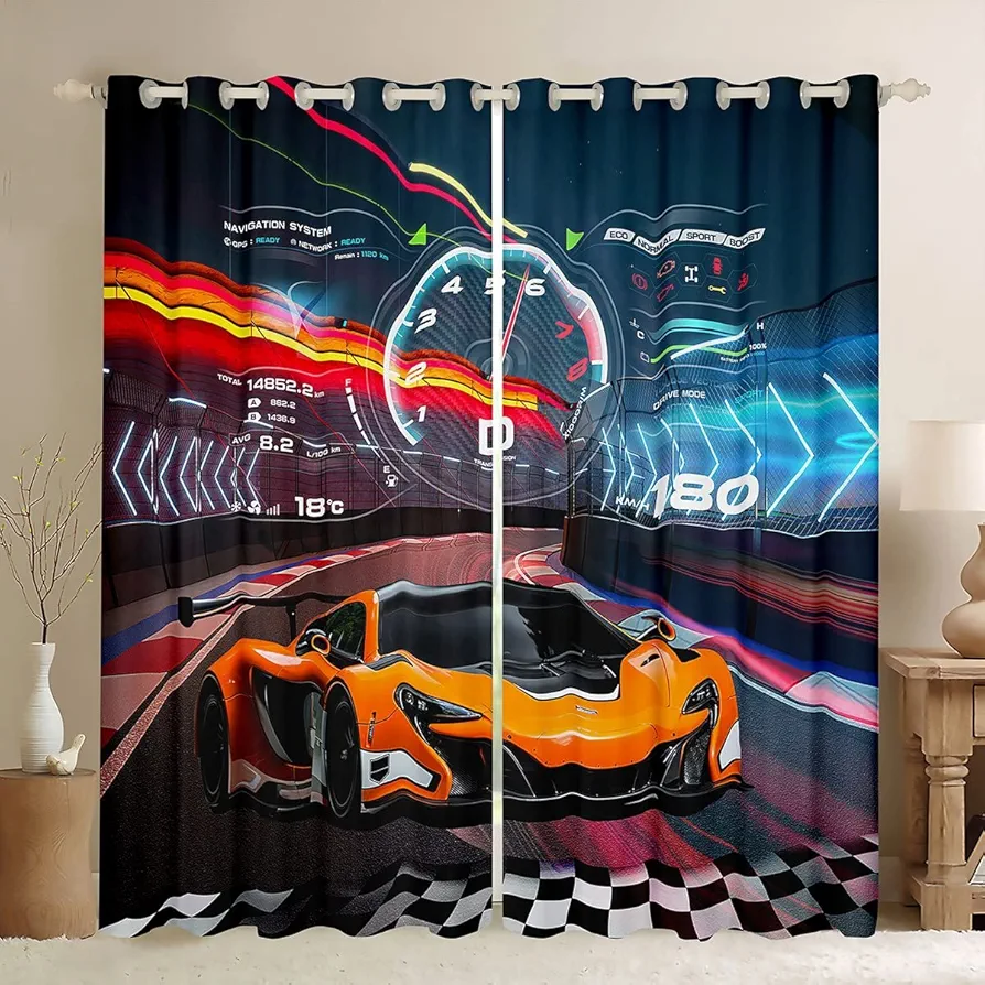 Feelyou Race Car Window Curtains Bedroom Living Room Boys Extreme Sports Curtains Kids Room Decor Boys Cool Car Window Drapes Car Sports Kids Bedroom Decor Window Treatments 38W X 45L，2 Panels