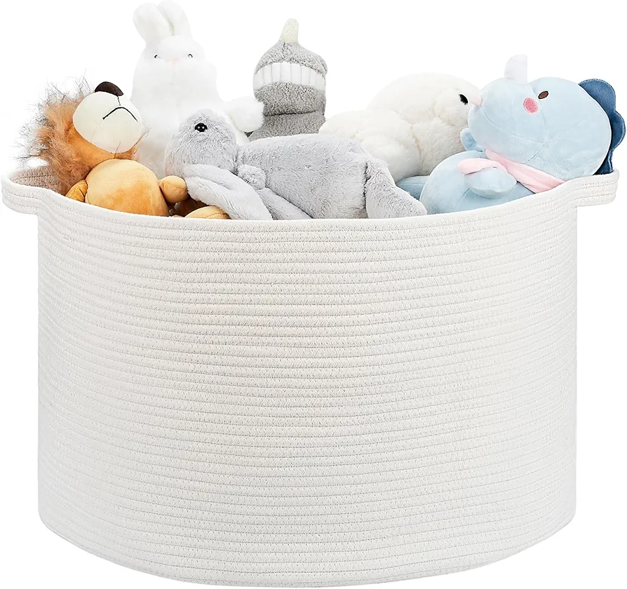 Large Storage Basket - 22"x 22"x 14" Blanket Basket for Living Room, Baby Toy Storage Basket, Cotton Rope Basket Woven Laundry Basket (White)