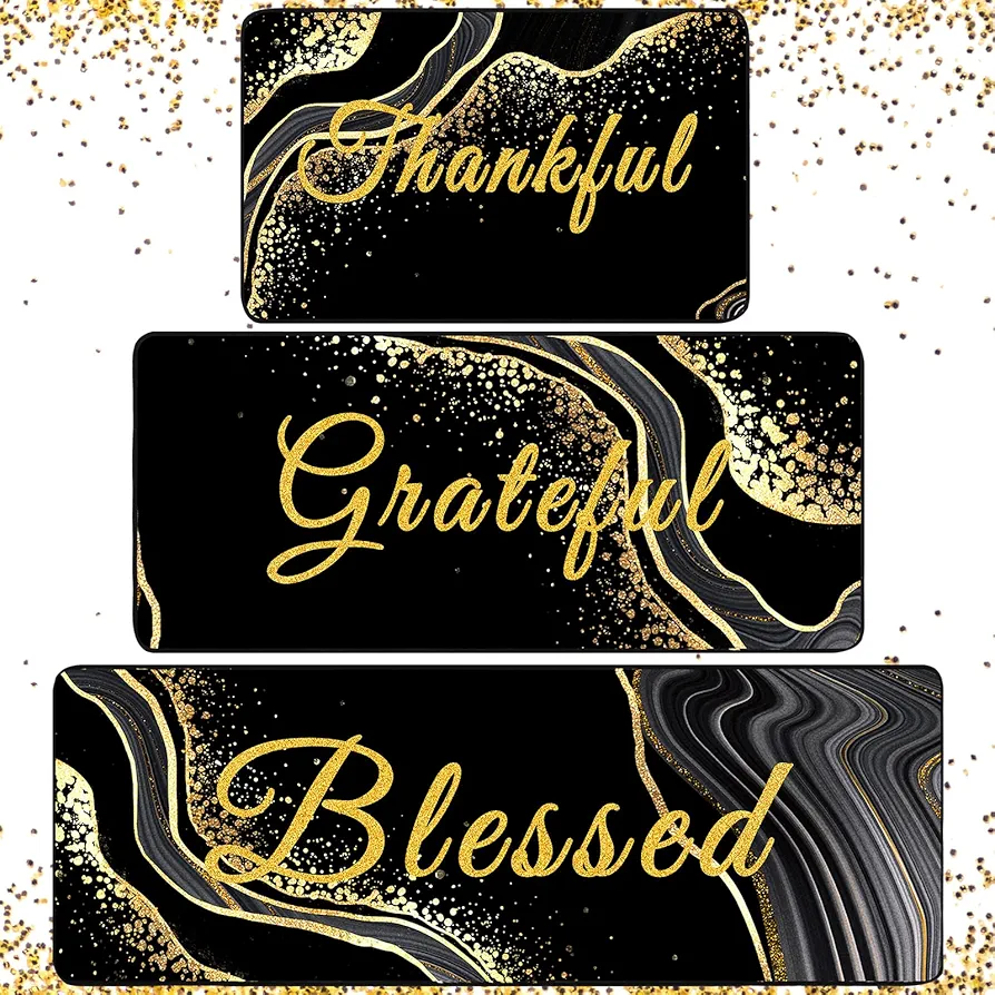 3 Pieces Black Gold Kitchen Mats for Floor Marble Non Skid Kitchen Mats and Rugs Grateful Thankful Blessed Decorative for Bathroom Kitchen Dining Room Home Office Floor Sink Laundry