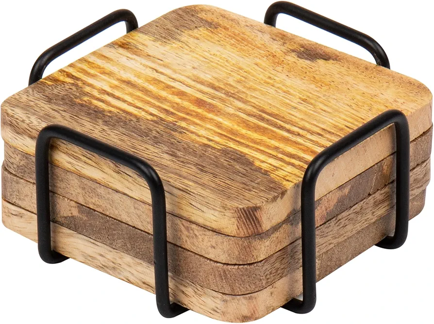 Set of 4 Square Coasters with a Metal Case, Acacia Wood, Brown