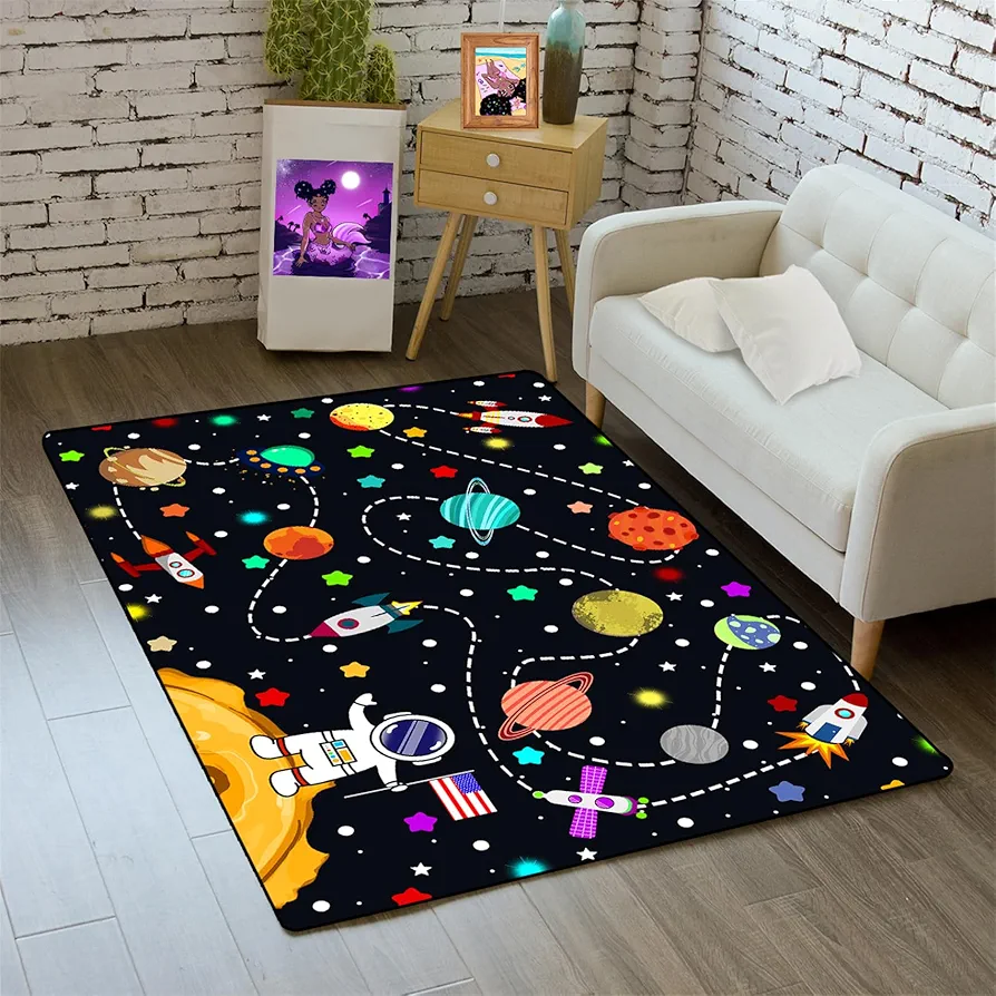 Outer Space Area Rug - 35" L x 23" W Solar System Galaxy Planets Rug for Boys Bedroom Universe Theme Carpets for Kids Living Room Bedroom Indoor Outdoor Crystal Polyester Floor Mats Kids Play Carpet