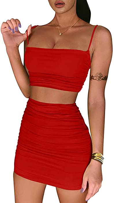 BEAGIMEG Women's Ruched Cami Crop Top Bodycon Skirt 2 Piece Outfits Dress