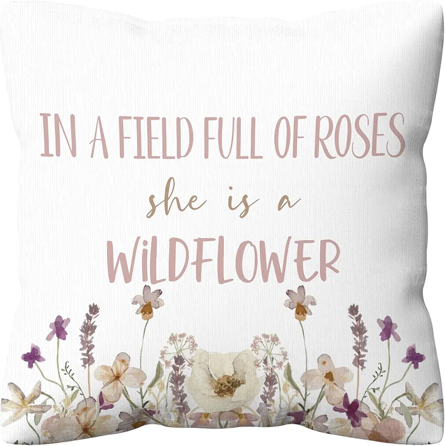 Baby Nursery Girls Room Pillow Covers 18x18, Motivational in a Field of Roses She is a Wildflower Throw Pillow Covers for Baby Girl Room Nursery Home Living Room Garden Decor