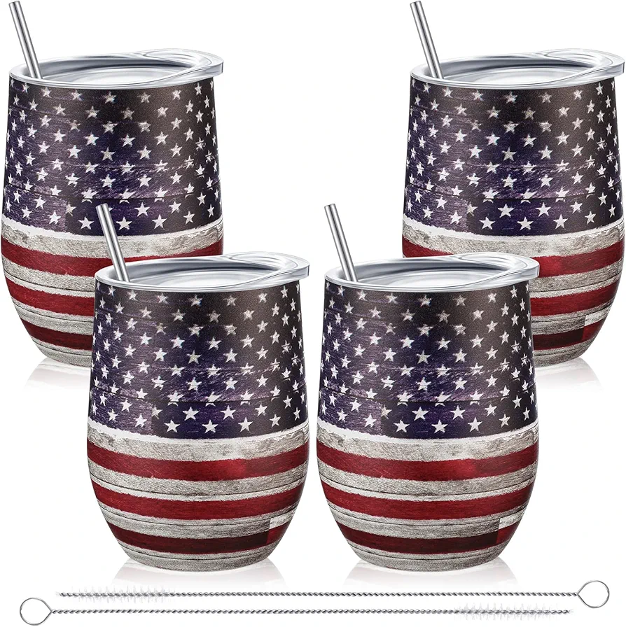 4 Pieces 4th of July USA Patriotic Wine Tumbler with Lid Straw Brush American Flag Stars Stripes Travel Mug 12 oz Vacuum Insulated Stainless Steel Coffee Mug for Memorial Independence Day Veteran