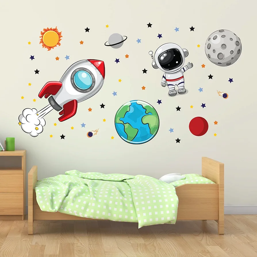 Space Wall Decal, Astronaut Spacecraft Nursery Wall Decor, Galaxy Solar System Planet Baby Boy Nursery Decor, 50”W x 27”H Space Decor for Boys Room, Rocket Cosmonaut Spaceship Star Nursery Decor,