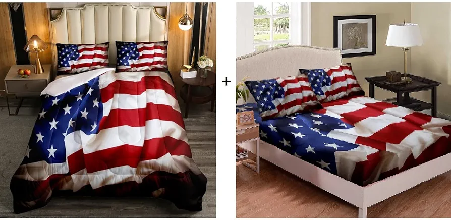 Erosebridal 6 Pieces American Flag Comforter Set with Fitted Sheet, United States Bedding Set Room Decor