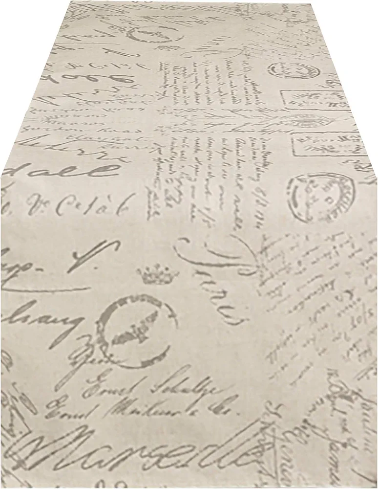 SARO LIFESTYLE Aidy Collection Vintage Script Print Design Table Runner, 16" x 54", Natural