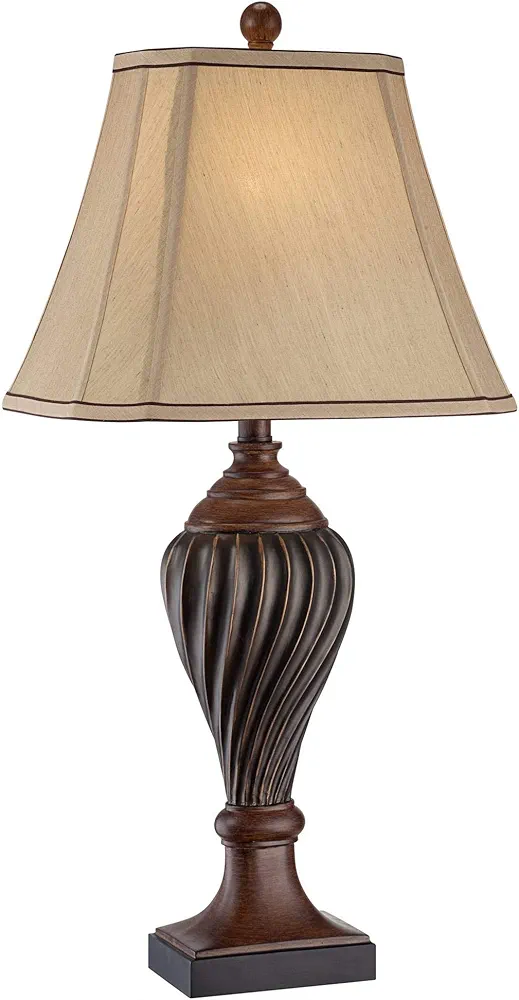 Regency Hill Traditional Style Table Lamp 28.5" Tall Carved Two Tone Brown Urn Shaped Ball Beige Fabric Rectangular Shade for Living Room Bedroom House Bedside Nightstand Home Office