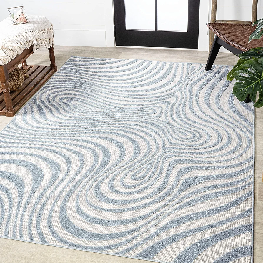 JONATHAN Y SCN103C-4 Maribo High-Low Abstract Groovy Striped Indoor/Outdoor Area Rug, Contemporary, Vintage, Bohemian, Glam, Bedroom, Kitchen, Living Room, Non Shedding, Light Blue/Ivory, 4' x 6'