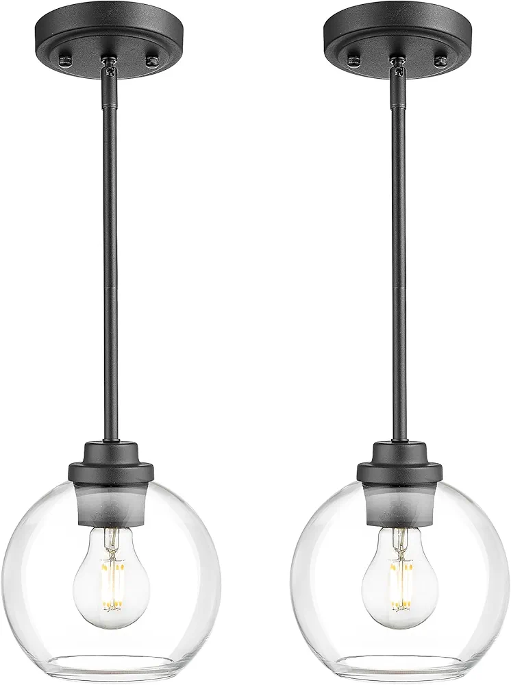 Matte Black Pendant Light, Mid Century Globe Haning Light Fixture Ceiling with Clear Glass for Kitchen Island Dining Room Bedroom Hallway Foyer (2 Pack), PL101BK-2PK