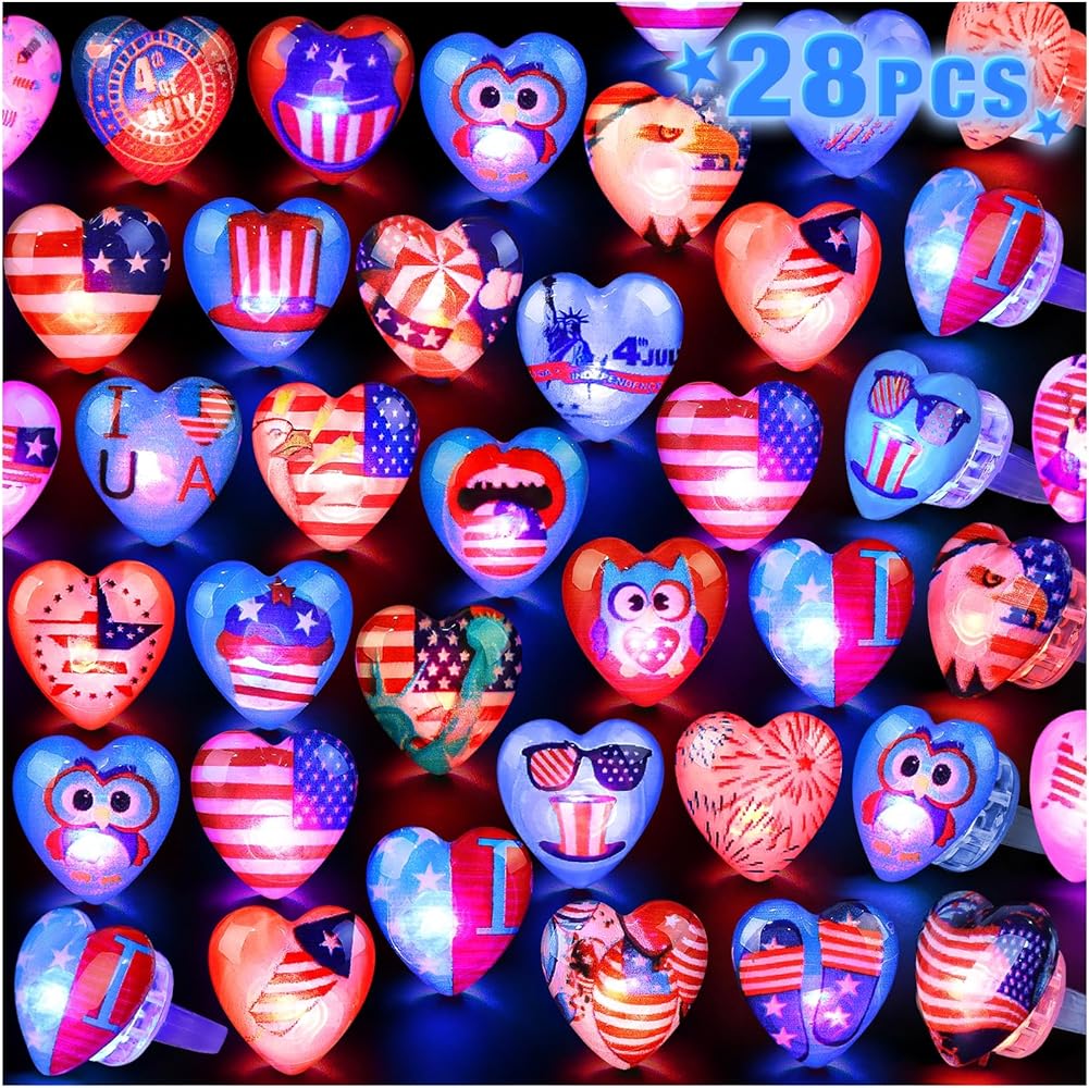 NPET 28 Pcs LED Light Up Rings 4th of July theme Multi-item Party Favors for Kids Toy Rings Red White and Blue Glow in the Dark Rings Gifts for Kids Classroom Prize for Kids Boys Girls