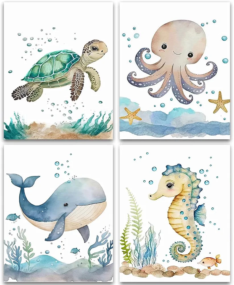 Watercolor Sea Marine Life Wall Art Prints,Encourage Ocean Animal Posters for Classroom Decor,Seahorse Sea Turtle Shark Octopus Wall Art Prints for Baby Nursery Kids Room Wall Decor,Set of 4 (8" X 10"