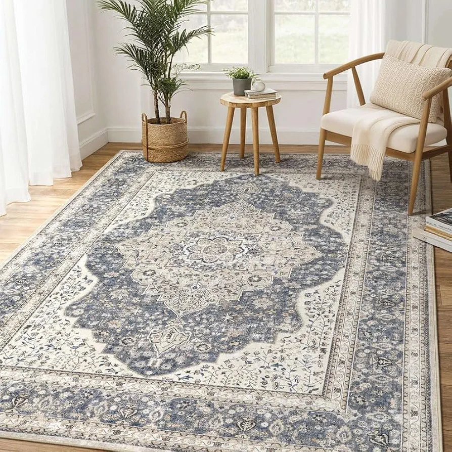 Washable Rug 5x7 Area Rugs for Living Room Bedroom Dining Room Home Office Floor Decor -Stain & Fade Resistant Non Slip Backing Carpet,Ultra-Thin Vintage Large Area Rug (Blue/Beige,5'x7')