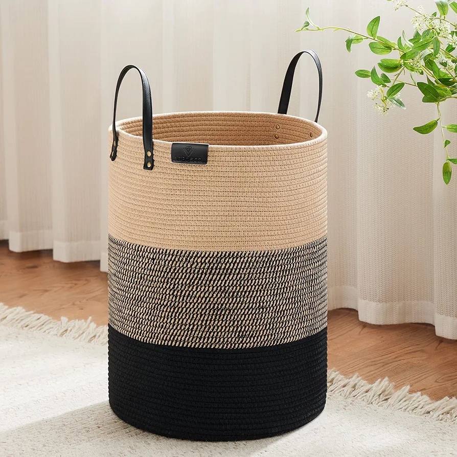 VIPOSCO Tall Laundry Basket, Large Dirty Clothes Hamper with Leather Handle, Woven Rope Storage Basket for Blanket, Toy In Living Room, Bathroom, Bedroom - 58L Brown & Black