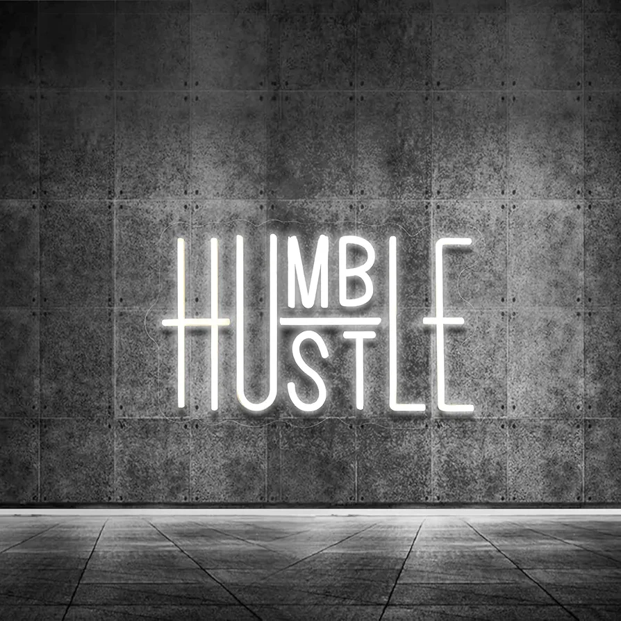 Hustle LED Neon Sign for Wall Decor, Words LED Neon Lights Party Decorations, USB Powered Switch LED Neon Lights Brightness Adjustable for Office Room, Gym Room, Man Cave, Gamer Room Decor (White)