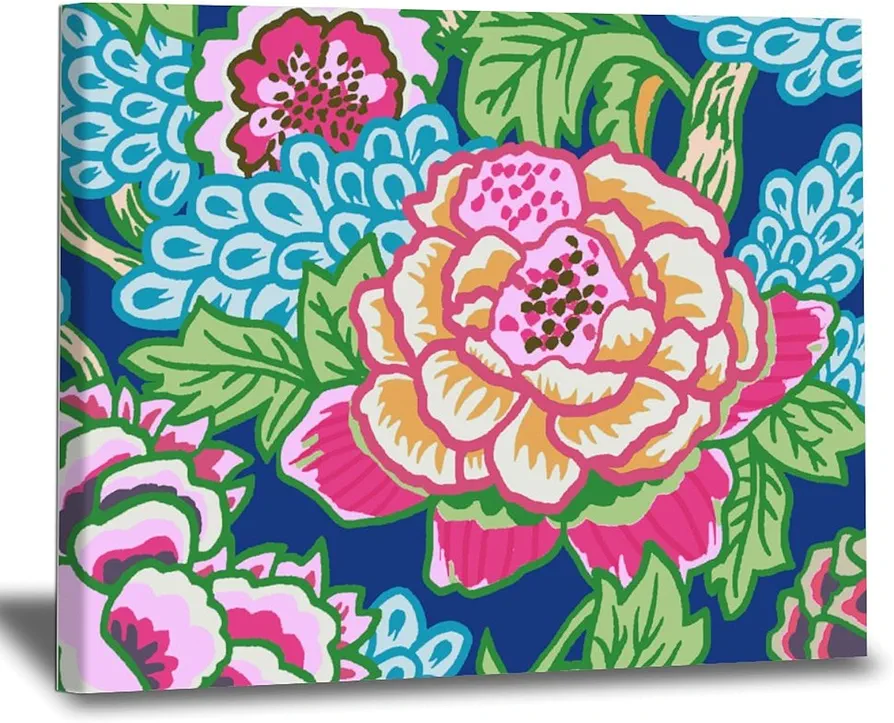 WoGuangis Hot Pink Blue Peony Floral Canvas Prints Colorful Chinoiserie Flower Canvas Print Painting Chinoiserie Asian Wall Art Posters & Prints for Living Room Bedroom Kitchen 16x20in