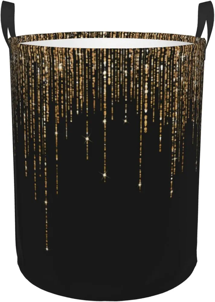 Black Gold Sparkly Glitter Fringe Laundry Basket Waterproof Collapsible Round Laundry Hamper Toys Clothes Organizer Gift Basket For Room Medium