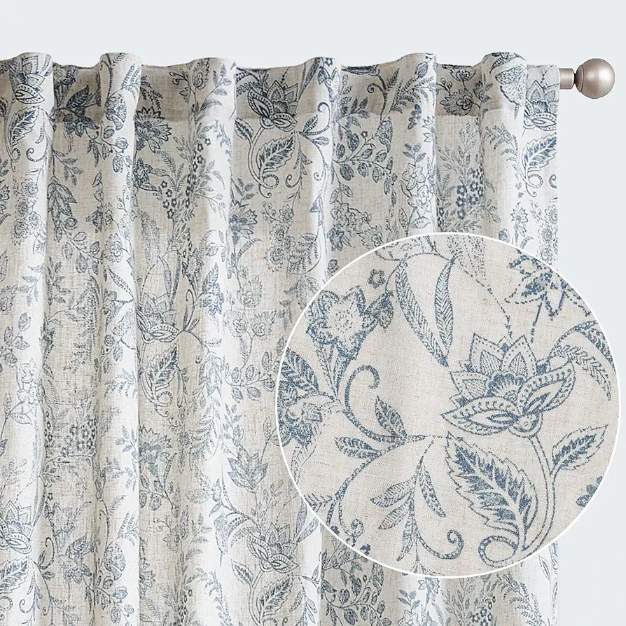 Vangao Blue Floral Linen Curtains for Living Room 84 Inches Long Farmhouse Curtains for Bedroom Vintage Print on Beige Light Filtering Window Drapes Back Tab Rod Pocket 2 Panels