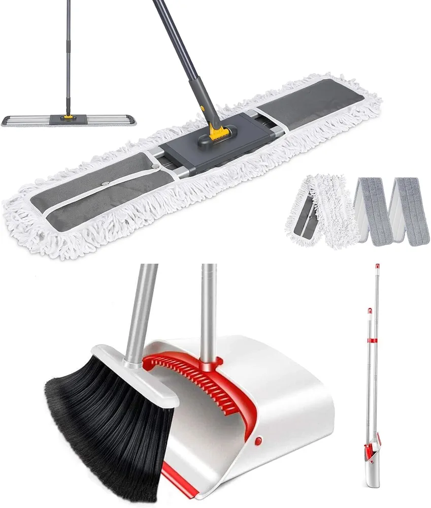 Masthome 32'' Commercial Dust Mop, 60'' Adjustable Flat Mop with Long Handle & Broom and Dustpan Set with 52" Long Handle for Home Kitchen Room Office