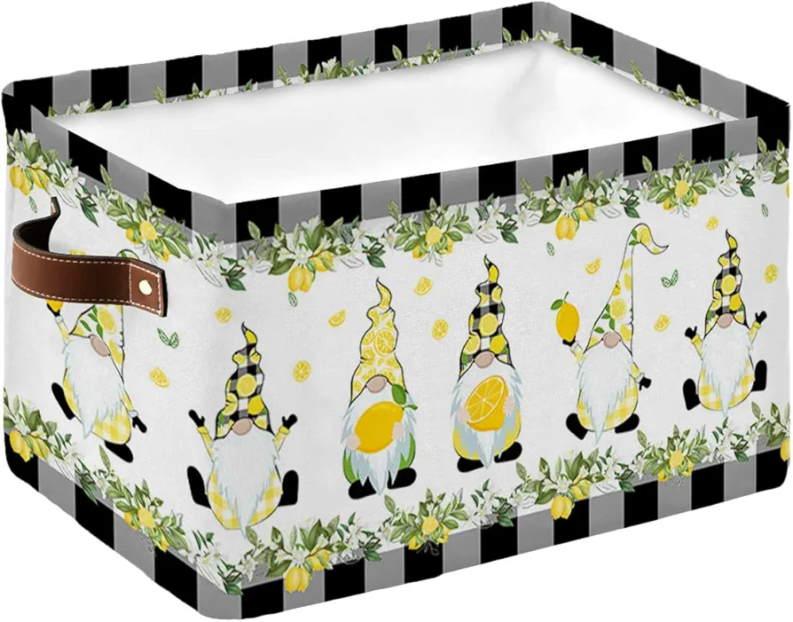 Summer Cute Lemon Gnome Waterproof Fabric Storage Basket for Organizing Bedroom Bathroom Laundry Room Collapsible Storage Bins Black White Plaid Decorative Shelf Basket for Gifts Empty