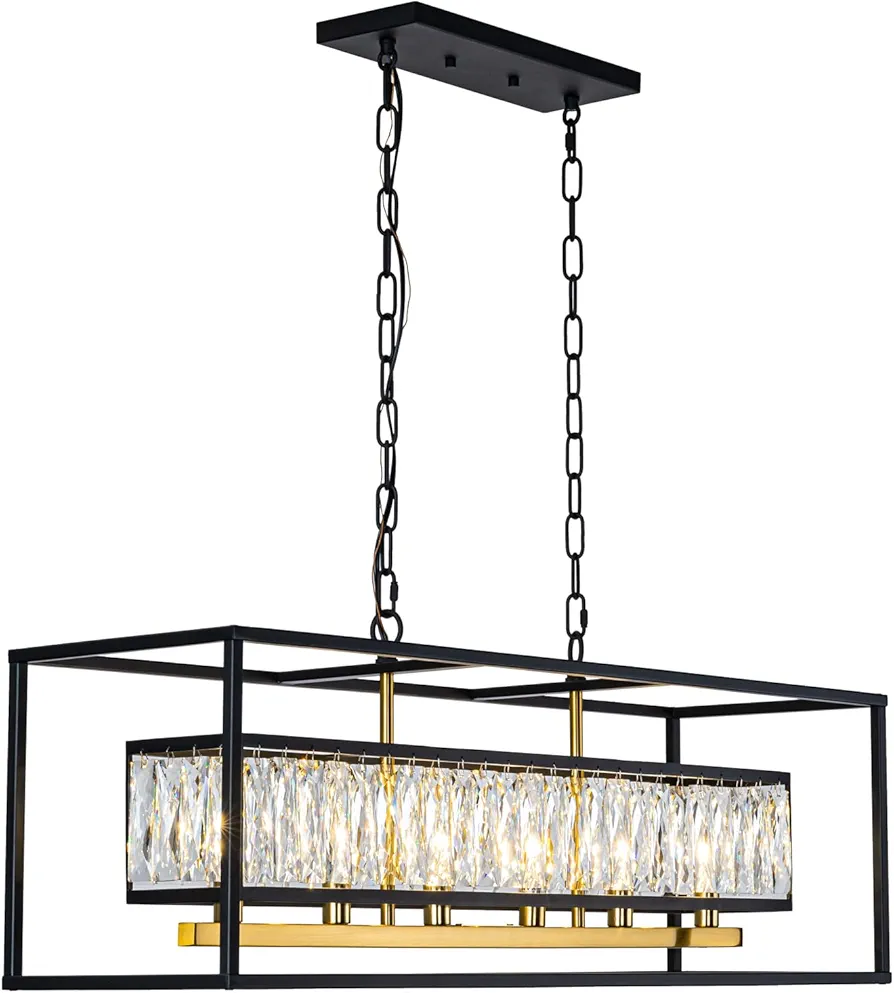 Crystal Chandeliers for Dining Room, Rectangle 6-Light Modern Chandelier, Black Rectangular Chandelier Light Fixture for Kitchen Island（UL Listed）…