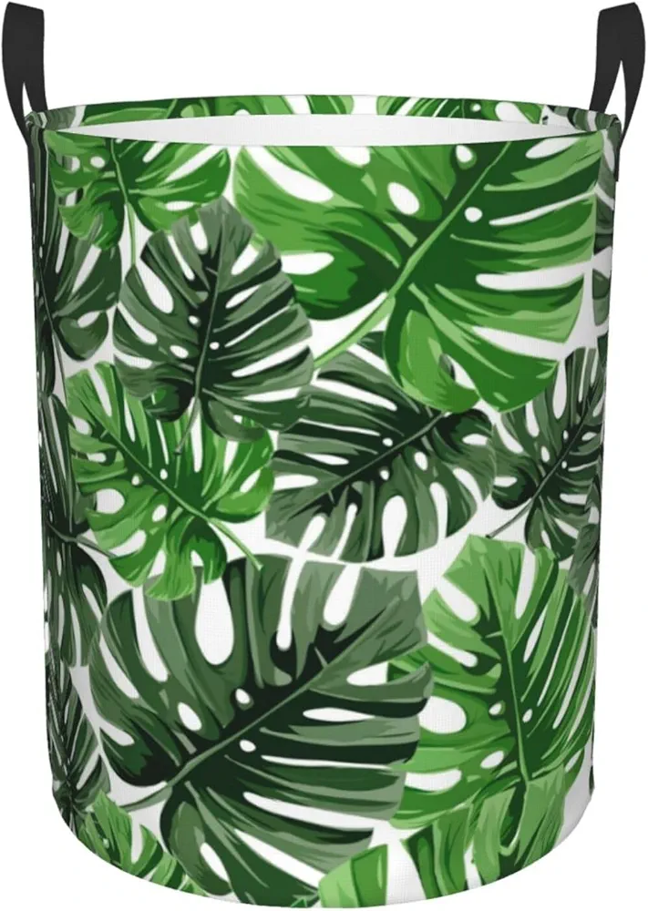 Tropical Palm Leaves Green Laundry Hamper with Durable Handle Waterproof Foldable Laundry Basket Circular Storage Basket Dirty Clothes Organizer for Bedroom Bathroom Living Room