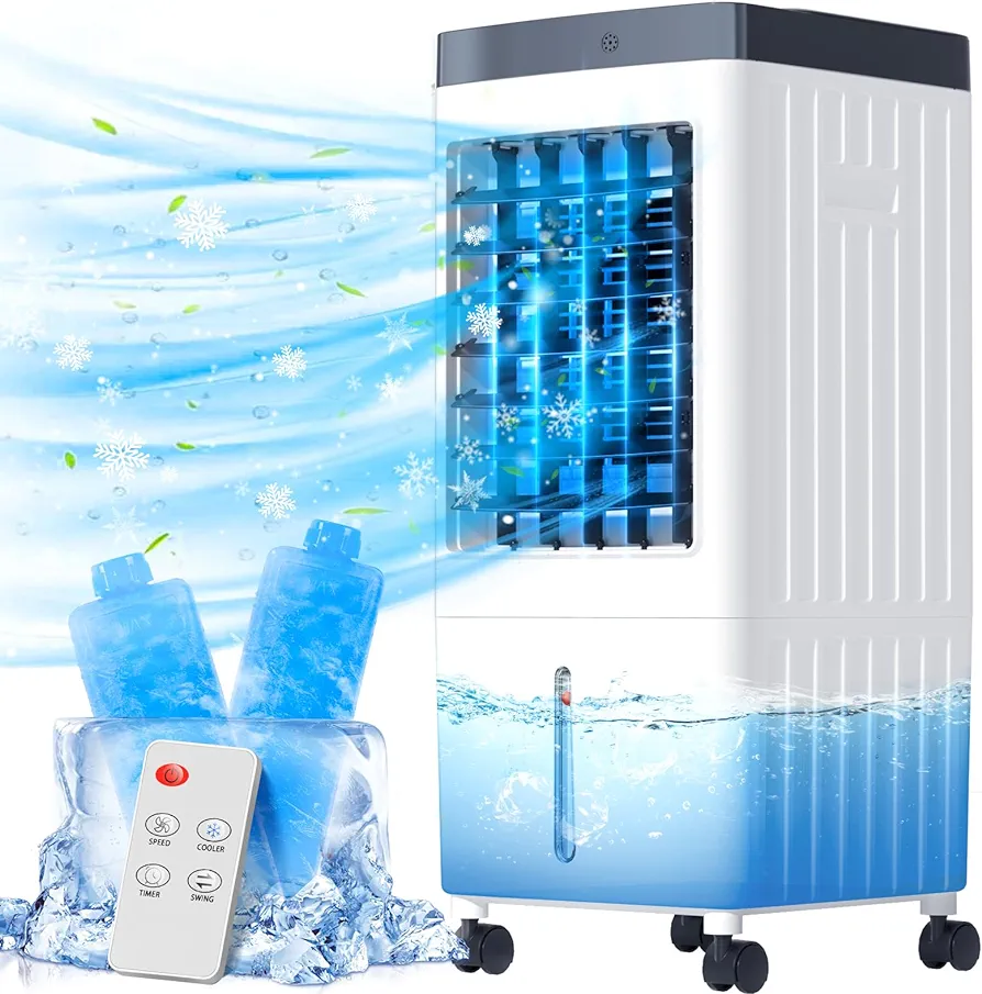 Portable Air Conditioners, 3 IN 1 Evaporative Air Cooler, Fast Cooling Fan with Remote & 3 Speeds & Timer, Ac Unit with 2 Gal Water Tank, Windowless Air Conditioner Swamp Cooler Indoor Office