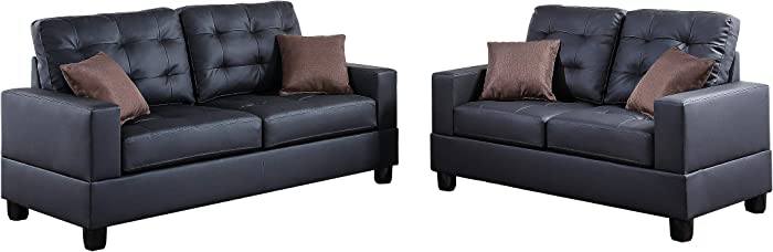 Poundex F7855 Bobkona Aria Faux Leather 2 Piece Sofa and Loveseat Set, Black