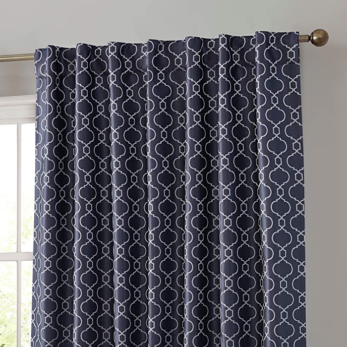 HLC.ME Franklin Moroccan 100% Complete Blackout Thermal Insulated Energy Savings Heat/Cold Blocking Back Tab Rod Pocket Curtain Drapery for Bedroom & Living Room, 2 Panels (52 W x 84 L, Navy Blue)