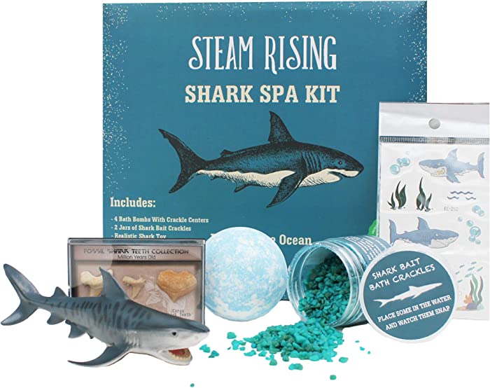 Shark Bath Toy Spa Kit: Organic Shark Bath Bombs w/Bath Crackles Inside, Vinyl Shark Toy, 2 Jars Bath Crackles, Tattoos, Real Fossil Shark Teeth | Boys Shark Birthday Gift | Safe Natural & Organic