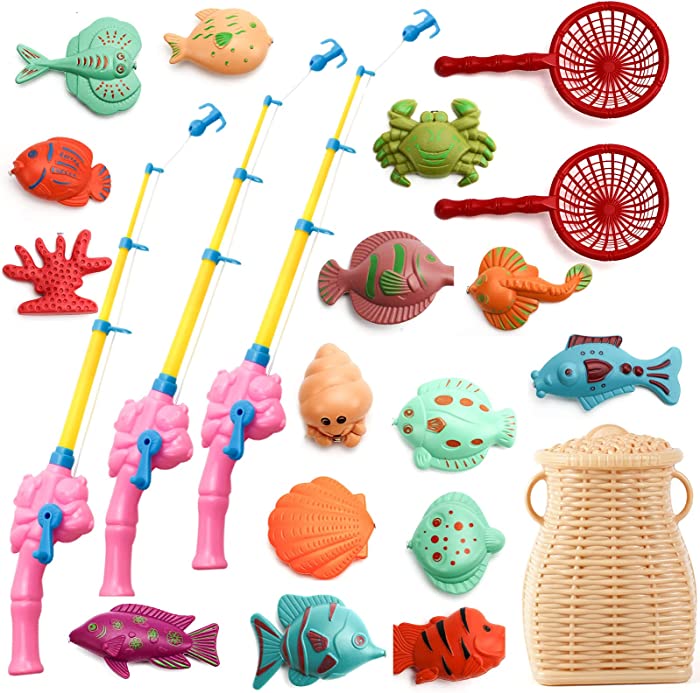 SUNWUKING Fishing Game for Toddler - Fishing Bath Toy with 3 Toy Fishing Pole Toys for Kids Fish Basket Pool Angling Game Outdoor Fishing Toy for Children Imitation Bamboo Basket Can Hold Water