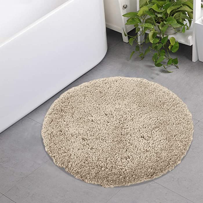 Seavish Luxury Beige Bath Rug, 23.6" Diameter Shaggy Round Bathroom Rug ,Non Slip Efficient Water Absorbent Machine Washable Tufted Circle Bath Mats Microfiber Soft Plush Circular Rug Floor Carpets