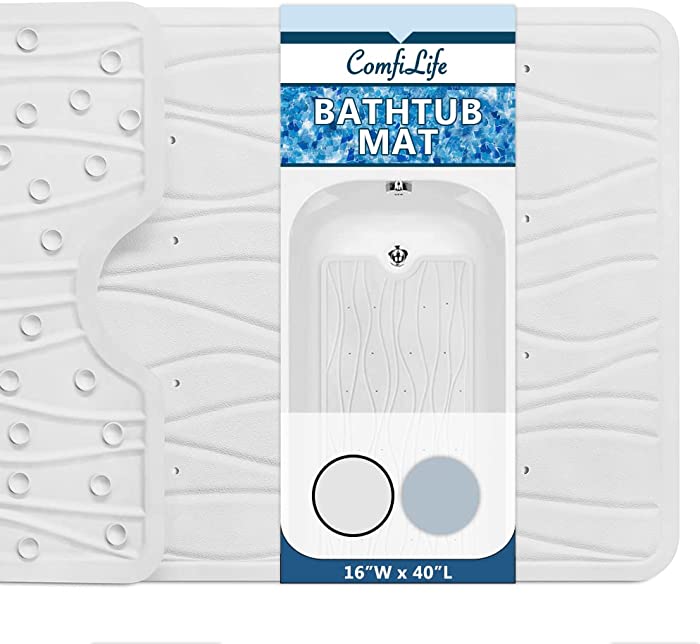 ComfiLife Bath Mat for Bathroom Tub and Shower – Non Slip Extra Large Bathtub Mat with Drain Holes & Suction Cups – Machine Washable Rubber Mats to Keep Bathtub Floor Clean (Wave 16" x 40", Cream)