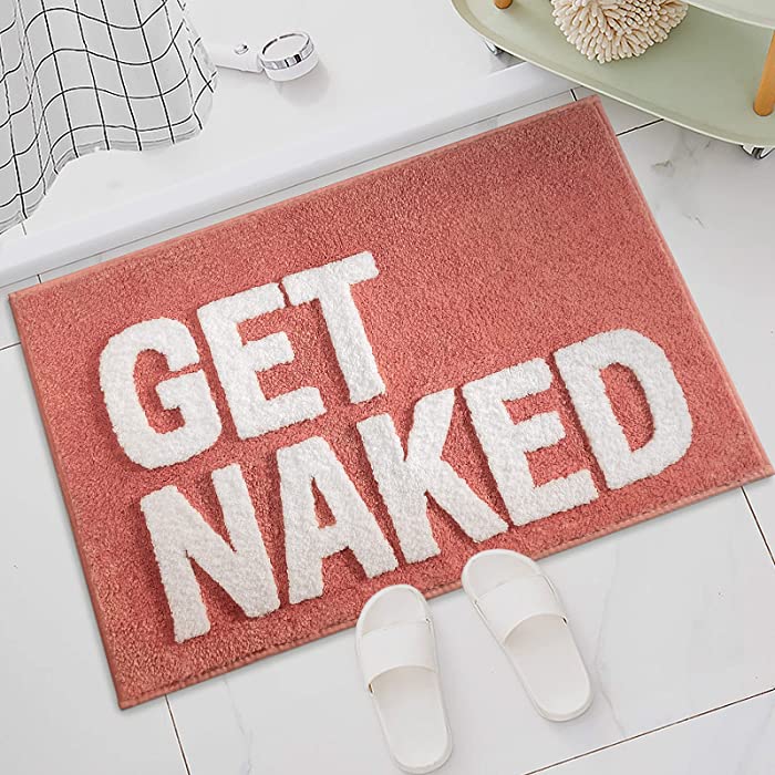 Get Naked Bath Mat Bathroom Rugs Peach Bathroom Decor Funny Bath Mat for Bathtub Shower Rug Plush Non-Slip Bath Rug Absorbent Washable (Coral Pink)