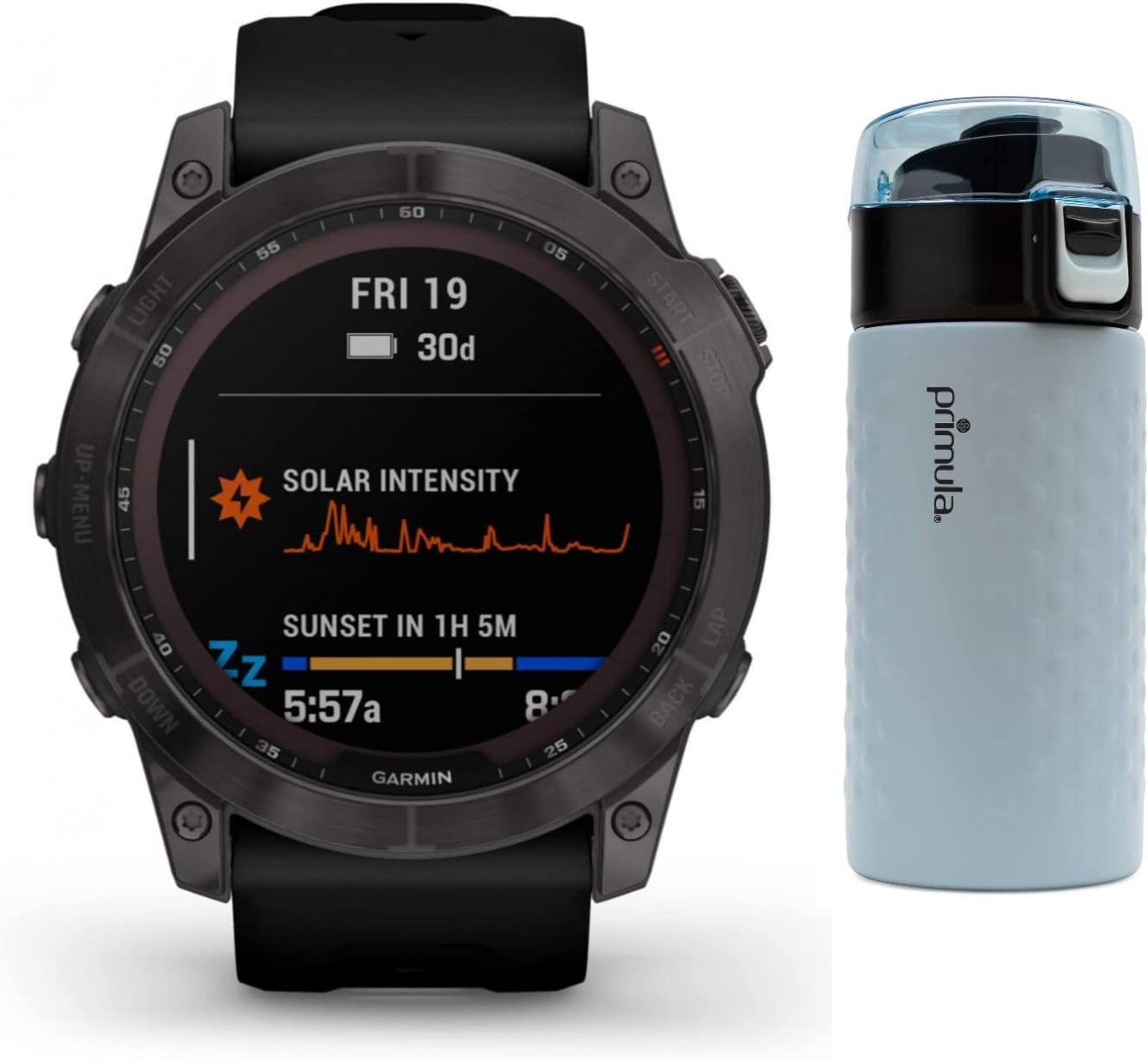 Garmin Fenix 7X Sapphire Solar GPS Smartwatch (Carbon Gray) Bundle with Primula Hamilton 12-Ounce Double Wall Stainless Steel Tumbler Bundle (2 Items)