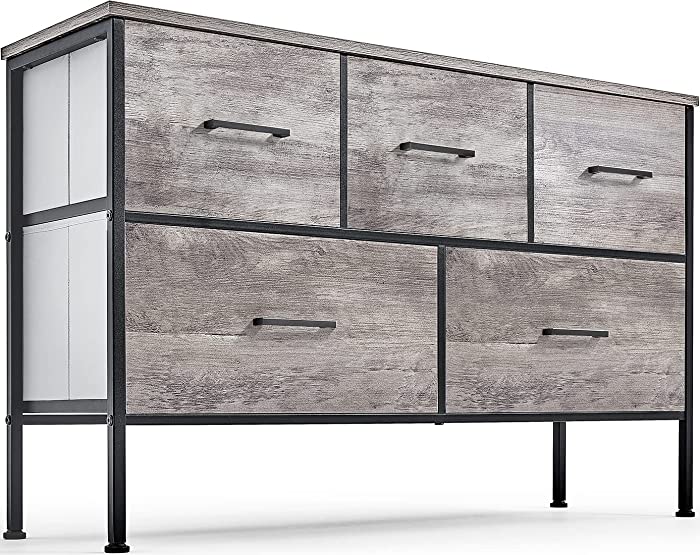 5 Drawer Dresser Long Wide Chest of Drawers Nightstand with Wood Top Rustic Storage Tower Storage Dresser Closet for Living Room, Bedroom, Hallway, Nursery, Kid