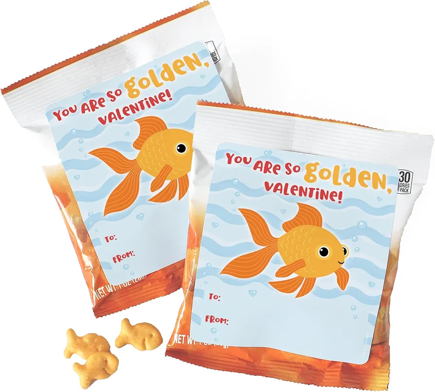 Fish Cracker to from Stickers for Valentine's Day Bags for Kids, Valentine Goodie Bag Labels for Class Party - 32 Count (4"x3.5" Rectangular Snack Bag Stickers)