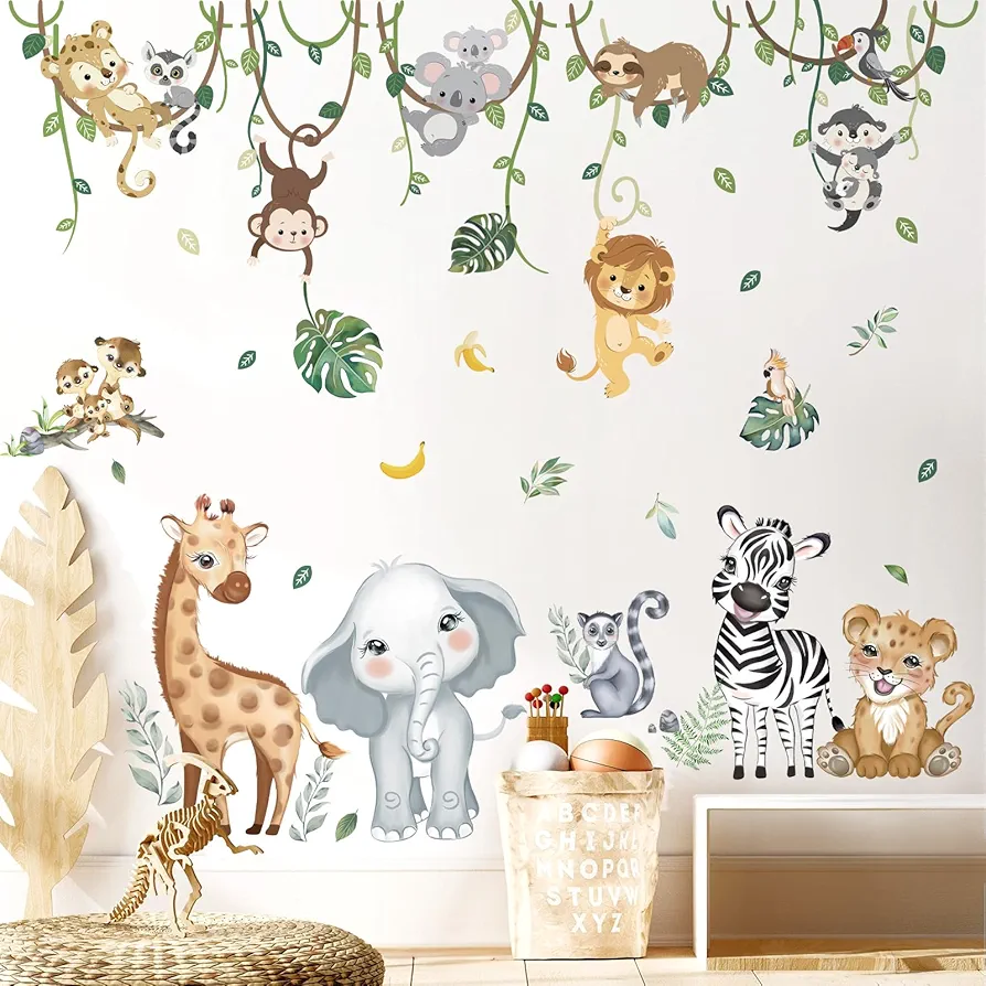 decalmile Safari Animals Wall Decals Jungle Elephant Giraffe Wall Stickers Baby Nursery Kids Room Toddler Room Wall Decor