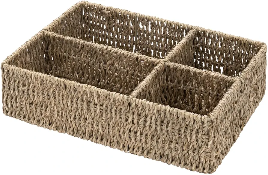 StorageWorks 4 Section Wicker Storage Basket, Rectangular Basket with Dividers, Natural Handwoven Basket for Shelves, Basket with Dividers for Organizing, Living Room, Bathroom, Bedroom, Seagrass