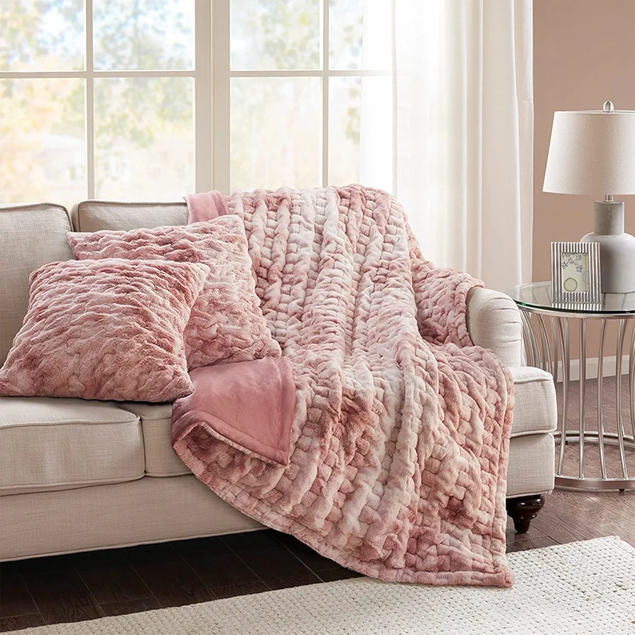 Comfort Spaces Luxurious & Fuzzy Soft Ruched Faux Fur Plush Throw Blanket Set with 2 Matching Square Pillow Covers, for Sofa,Chair, Couch, Living Room, Home Office, Blush Tie Dye 50"x 60"