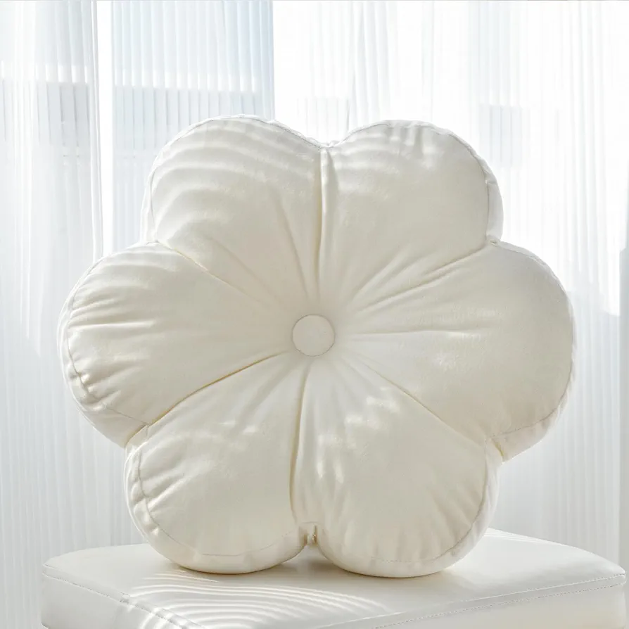 Flower Pillow, Flower Shaped Pillow with Velvet for Couch Bed Chair Sofa, Home Decor Floor Seating Cushion Cute Throw Pillows for Living Room Bedroom (15 Inches, Ivory White)